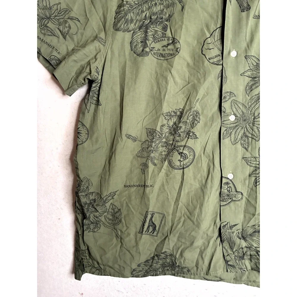 Banana Republic Shirt Mens 2XL Green Black Floral Relaxed Fit Collared Button Up